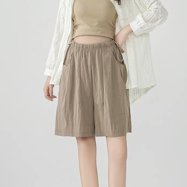 Shinsei-Maternity Drawstring Waist Plain Wide Leg Shorts