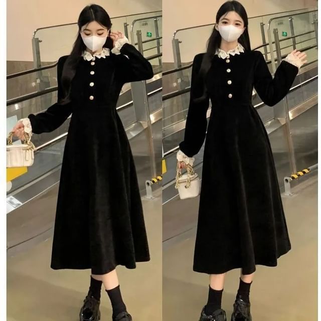 Shinsei-Long Sleeve Collared Plain Lace Trim Velvet Button Up Midi A-Line Dress