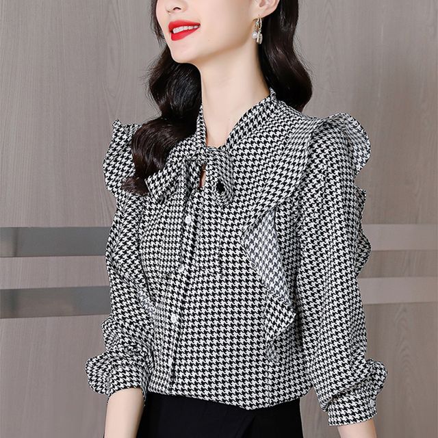 Everose-Long-Sleeve Tie-Neck Houndstooth Ruffle Trim Blouse