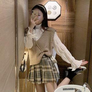 brown plaid skirt vest