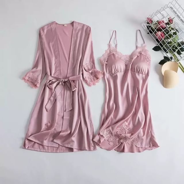 Dazzli-Set Spaghetti Strap Plain Padded Lace Panel Satin Nightdress Tie Front Robe