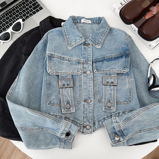 DIYI-Collared Washed Buckled Panel Button Denim Jacket