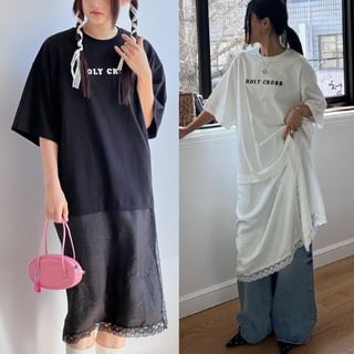 Seoulchic Elbow Sleeve Lettering Print Loose-Fit Lace-Trim T-Shirt Dress