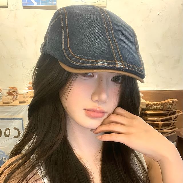 FROME-Washed Panel Denim Flat Cap