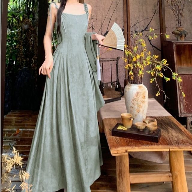 Nebbia-Plain Light Jacket Spaghetti Strap Maxi A-Line Dress Set