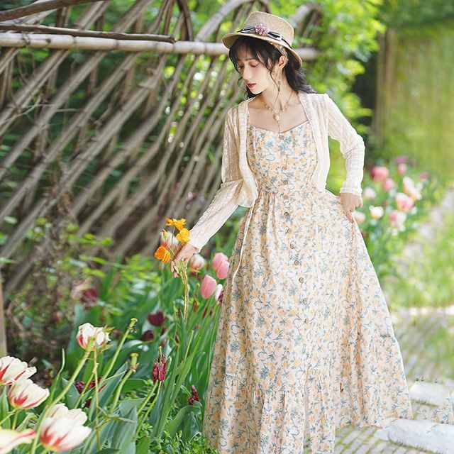 Cocaliso - Spaghetti Strap Floral Maxi A-Line Dress / Cardigan