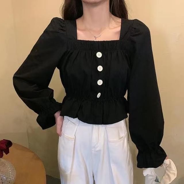 Sisyphi-Puff-Sleeve Square Neck Plain Peplum Cropped Blouse