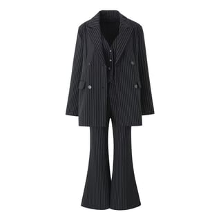 Fashyn Peak Lapel Striped Double-Breasted Blazer / Halter V-Neck Vest / High Waist Flared Dress Pants / Set Sale