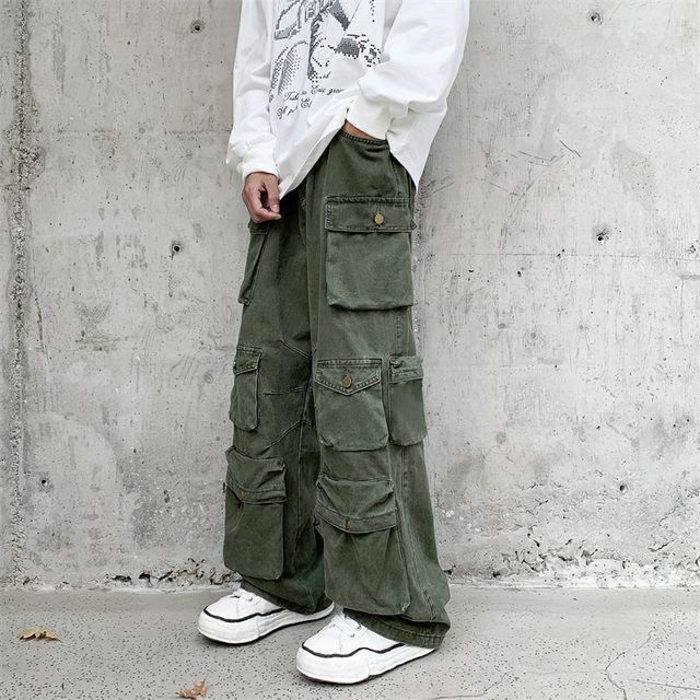 DuckleBeam-Low Rise Plain Wide Leg Cargo Pants