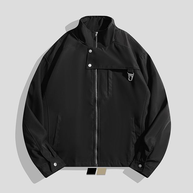 purplelouve-High Neck Plain Zip-Up Jacket