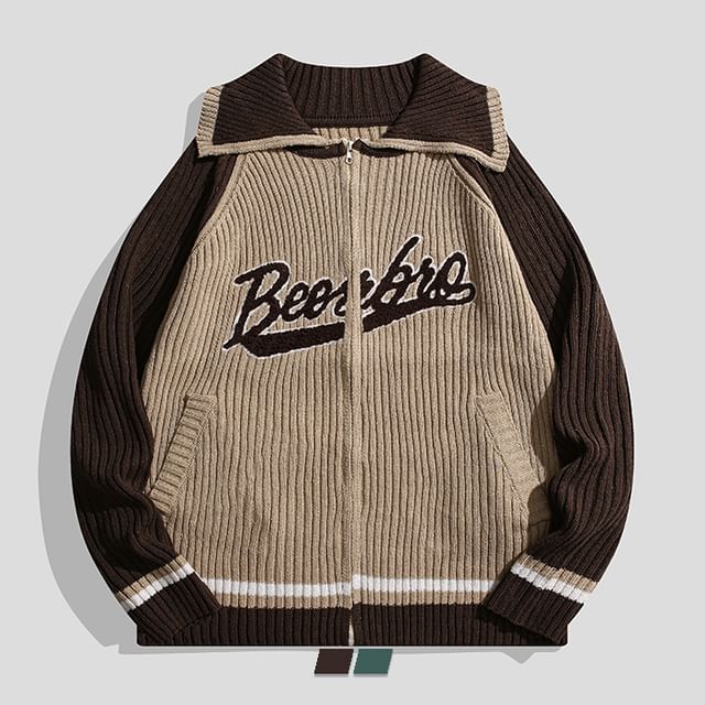 purplelouve-Collared Lettering Zip-Up Knit Jacket