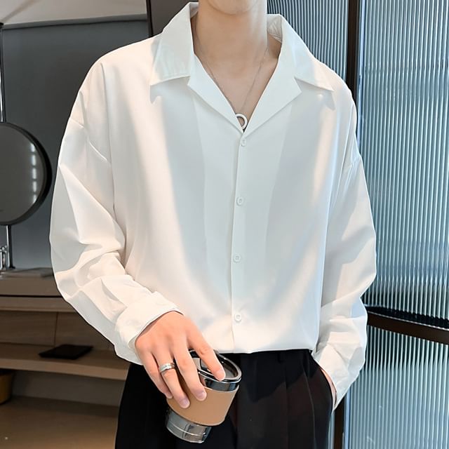 GRAYCIOUS-Long-Sleeve Lapel Collar Plain Shirt