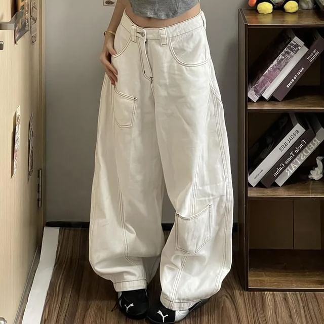 Litoya-Mid Rise Contrast Stitching Wide Leg Jeans