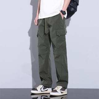 Acrius-Drawstring Waist Plain Straight Leg Cargo Pants