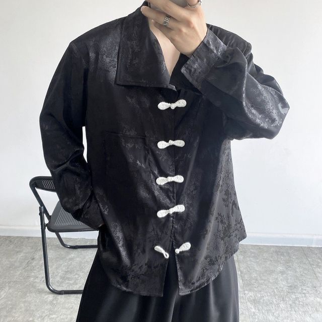 ravewider-Long-Sleeve Collared Frog Closure Jacquard Shirt