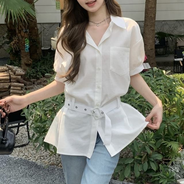 KUMI-Short Sleeve Collared Plain Belted Shirt