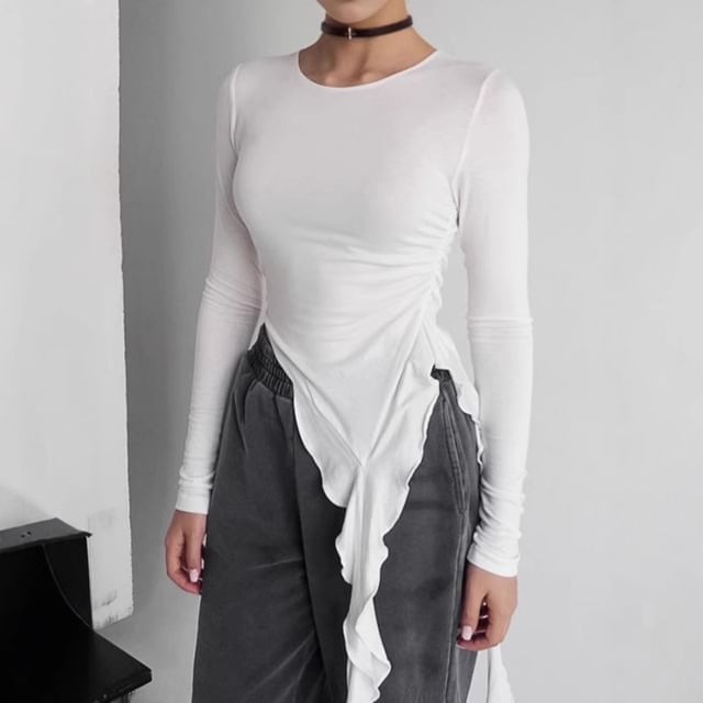 Bolgivy-Long Sleeve Asymmetrical Plain Crop Top