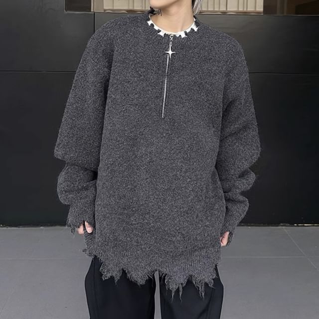 Trimecca-Crew Neck Plain Distressed Oversized Sweater