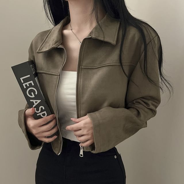 Coris-Lapel Collar Plain Faux Suede Zip Up Cropped Jacket
