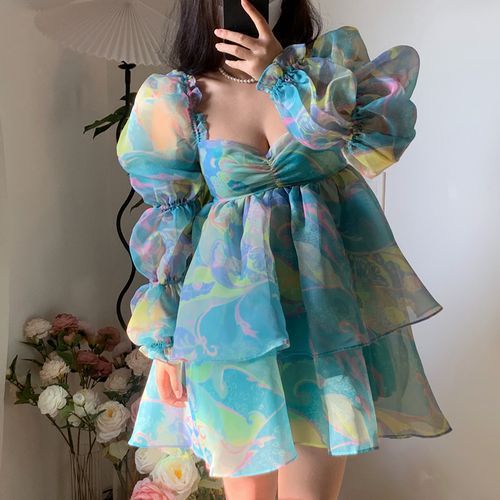 Mouang Puff Sleeve Square Neck Tie Dyed Ruffled Mini A Line