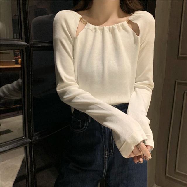 Sisyphi-Long Sleeve Round Neck Plain Cutout Knit Top