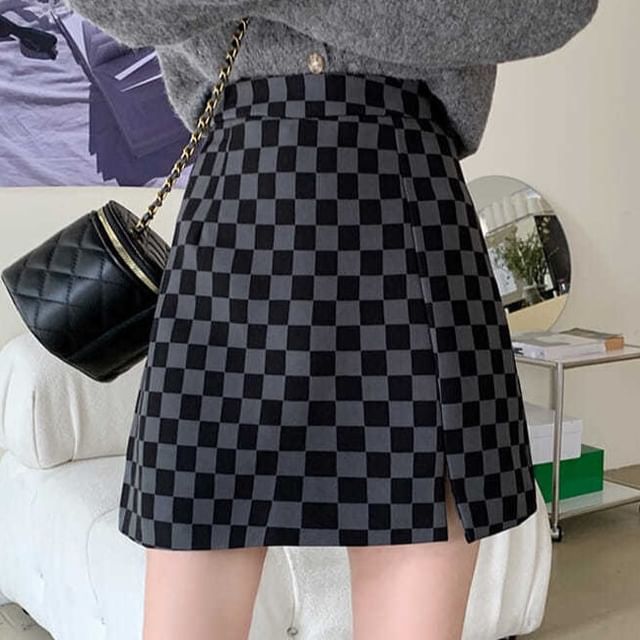 Sisyphi-High Rise Checker A-Line Mini Skirt