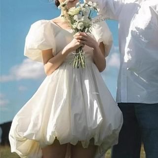 DreesHouse-Puff-Sleeve Plain A-Line Wedding Dress