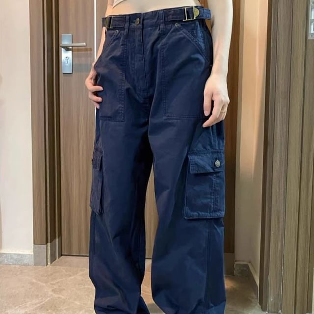 Litoya-Mid Waist Plain Baggy Cargo Pants