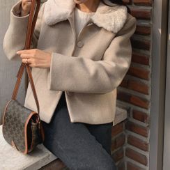 CHERRYKOKO - Furry-Collar Woolen Jacket