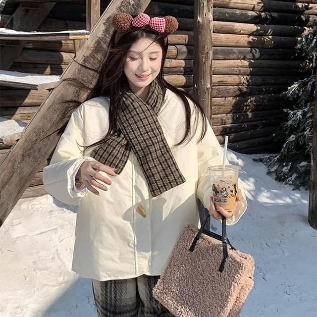 KUMI-Set V-Neck Plain Padded Toggle Jacket Plaid Scarf