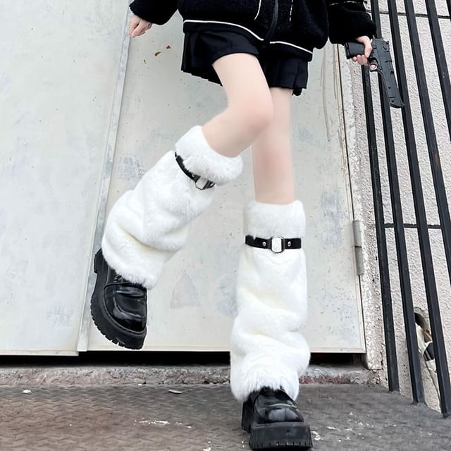Mimiyu-Plain Buckled Fluffy Leg Warmers