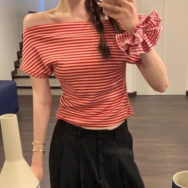 Tulstrix-Short Sleeve Off Shoulder Striped Top