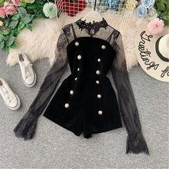 Yearnin - Set: Lace Top + Velvet Double-Breasted Playsuit Yearnin - Set: Lace Top + Velvet Double-Breasted Playsuit