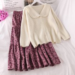 PUYE - Babydoll Cardigan / Floral Print Midi Skirt PUYE - Babydoll Cardigan / Floral Print Midi Skirt
