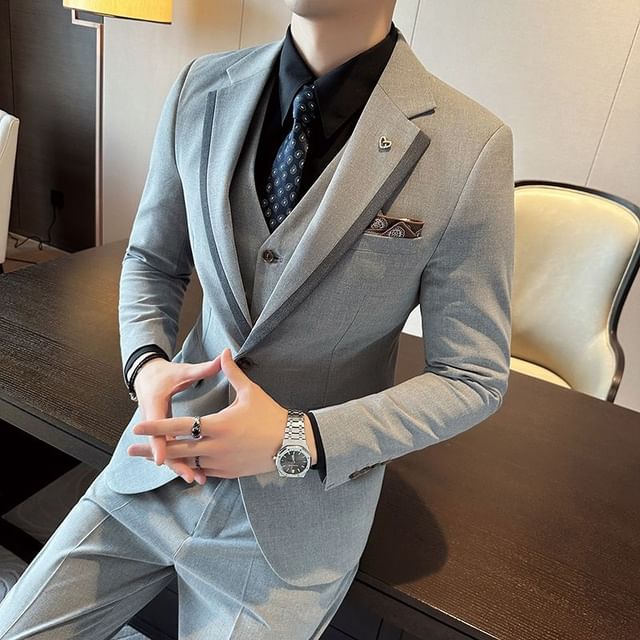Bay Go Mall-Set Lapel Collar Contrast Trim Single Button Blazer Single Breasted Vest Mid Rise Dress Pants