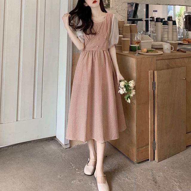 Parimoske - Short-Sleeve Gingham Check Midi A-Line Dress