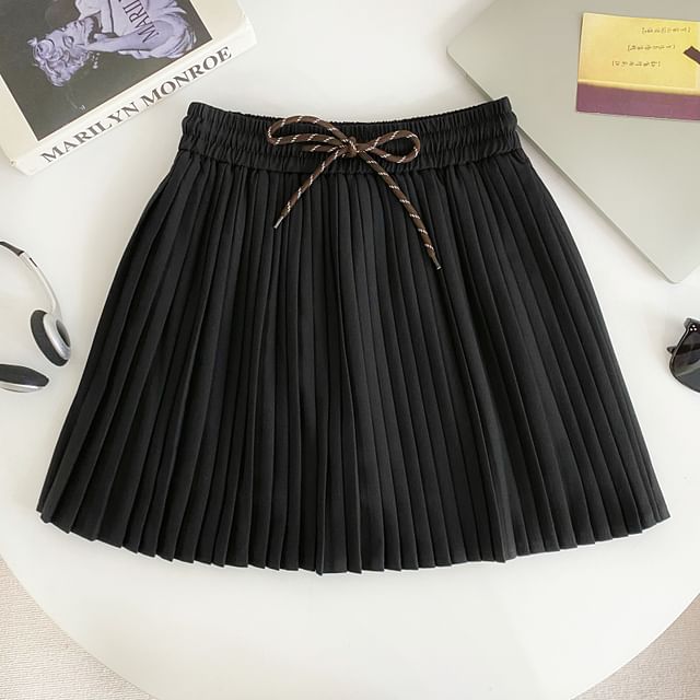 Iasia-Drawstring Waist Plain Pleated Mini A-Line Skirt