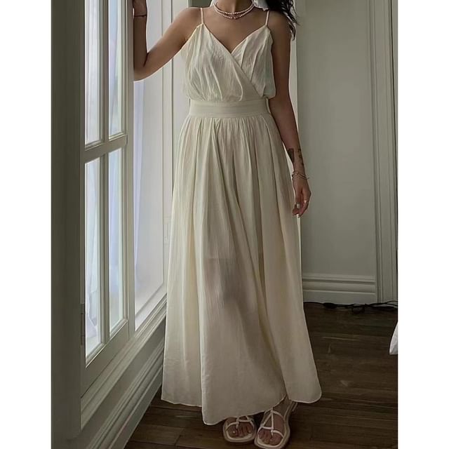 Jesong-Spaghetti Strap Plain Wrap Midi A-Line Dress