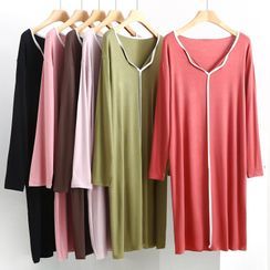 Dazzli - Long-Sleeve Plain Bow Sleep Dress / Short-Sleeve Sleep Dress