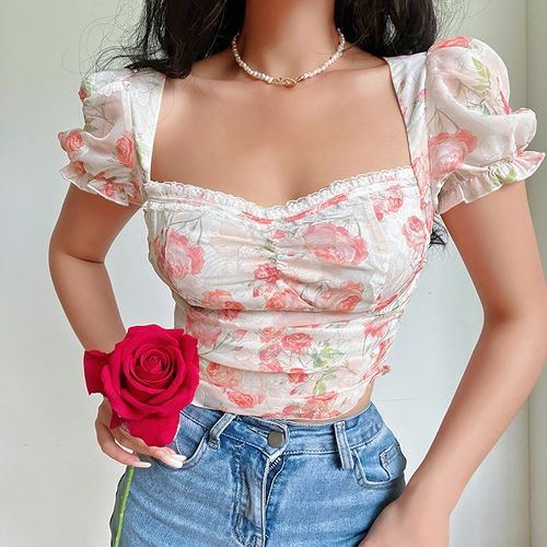 Floral Puff Sleeve Square Neck Crop Top