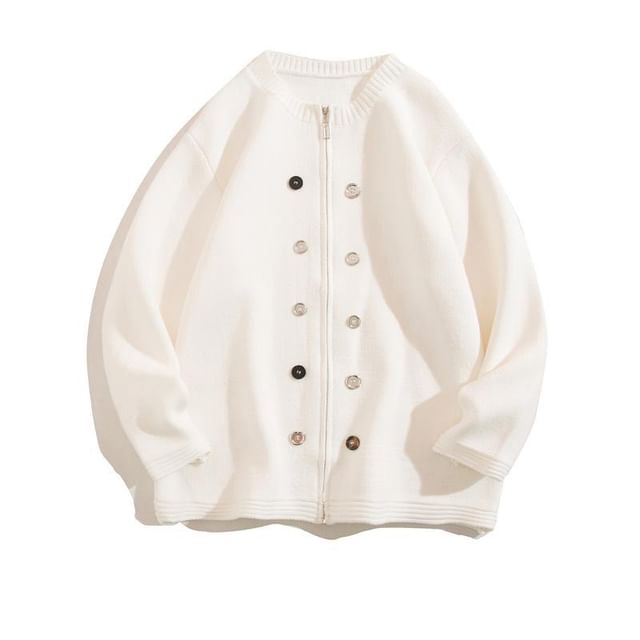 Yelmenor-Crewneck Double Breasted Plain Cardigan