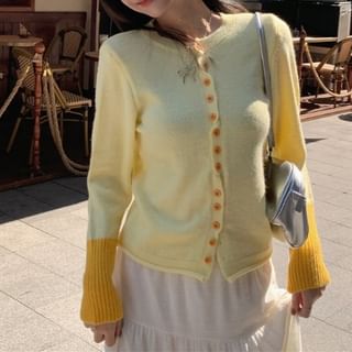 Beem-Long-Sleeve Button-Up Two Tone Knit Top