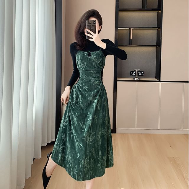 Tanzil - Long-Sleeve Round Neck Plain Knit Top / Floral Print Midi Pinafore  Dress | YesStyle