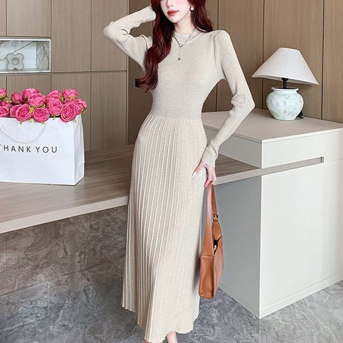 Long-Sleeve Mock Neck Plain Midi A-Line Knit Dress