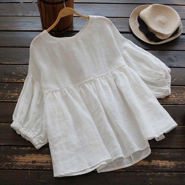 Lewwe-Puff-Sleeve Round Neck Plain Blouse