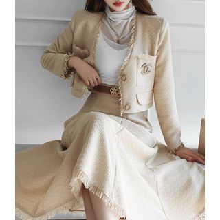 GUMZZI - Set: Fray-Edge Cropped Tweed Jacket + Maxi Flare