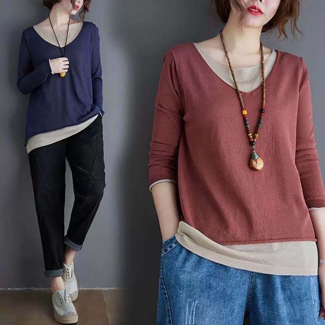 Lewwe-Two Tone Mock Two-Piece Sweater