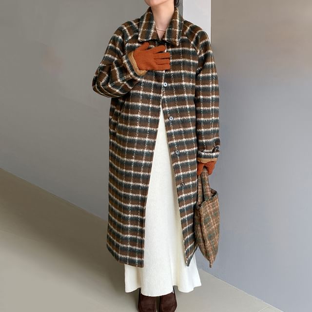 Keiko Girl-Collared Plaid Button-Up Long Coat