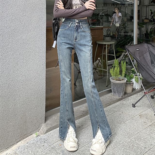 Okalpis - High Waist Slit Bootcut Jeans