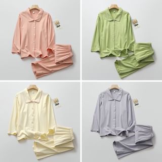 Finlies Pajama Set Long Sleeve Collared Contrast Trim Shirt + Elastic Waist Plain